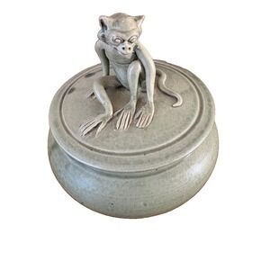 Vintage Green Pottery Monkey Lidded Pot Bali Indonesia Celadon Green Ceramic